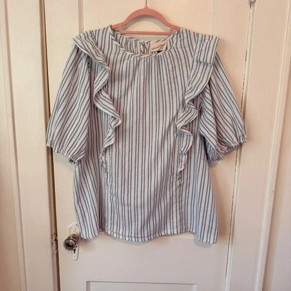 Universal Thread Muted Teal and White Striped Blouse Women’s Large - Picture 1 of 5